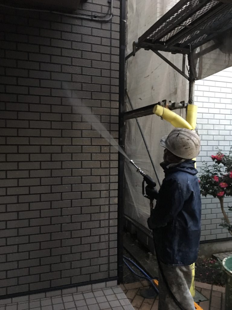 屋根と同様に洗浄水の飛散に注意しながら丁寧にホコリなどの汚れを洗浄します。